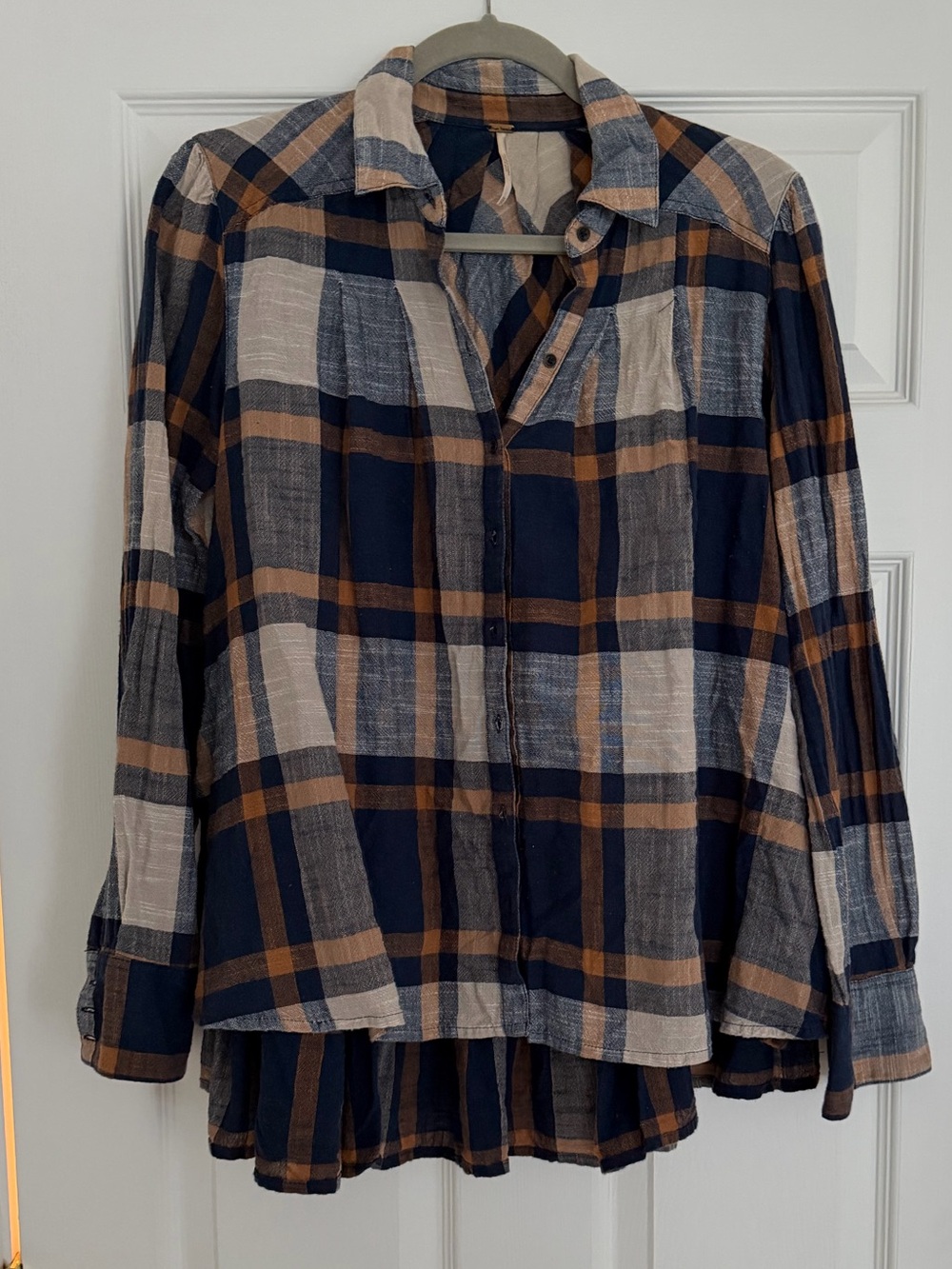 Free People Plaid Button-Down Shirt in Navy, Tan, Cream